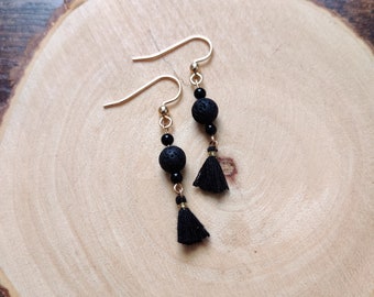 Handmade Black Lava Bead Earrings, Black Earrings, Black Bead Dangles, Birthday Gift, Mothers Day Gift