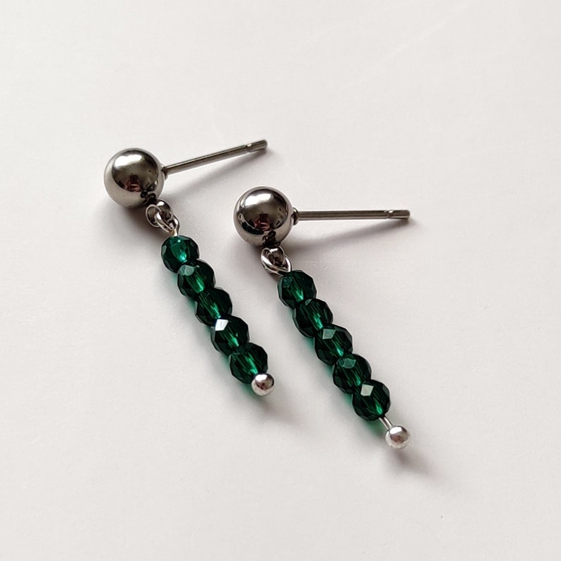 Emerald Earring Studs, Green Earrings, Dark Green Earrings, Emerald Dangles, Green Bead Dangles, Birthday Gift image 3