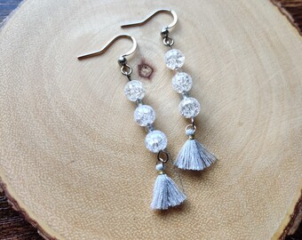 Silver Crystal Dangles, Beaded Handmade Earrings, Grey Tassel, Unique Earrings, Birthday Gift