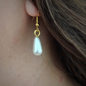 White Pearl Earrings, Pearl Dangle Earrings, Gold Pearl Dangles, Handmade Stocking Stuffer, Christmas Gift Jewelry image 2