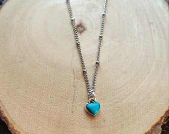 Blue Heart Charm Necklace, Dainty Handmade Jewelry, Simple Turquoise Jewelry For Women