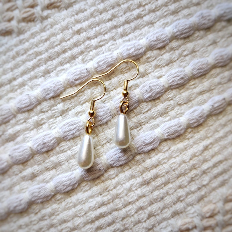 White Pearl Earrings, Pearl Dangle Earrings, Gold Pearl Dangles, Handmade Stocking Stuffer, Christmas Gift Jewelry image 3