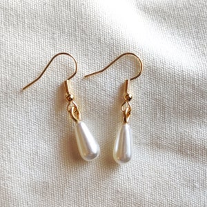 White Pearl Earrings, Pearl Dangle Earrings, Gold Pearl Dangles, Handmade Stocking Stuffer, Christmas Gift Jewelry image 1