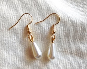 White Pearl Earrings, Pearl Dangle Earrings, Gold Pearl Dangles, Handmade Stocking Stuffer, Christmas Gift Jewelry