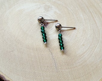 Emerald Earring Studs, Green Earrings, Dark Green Earrings, Emerald Dangles, Green Bead Dangles, Birthday Gift