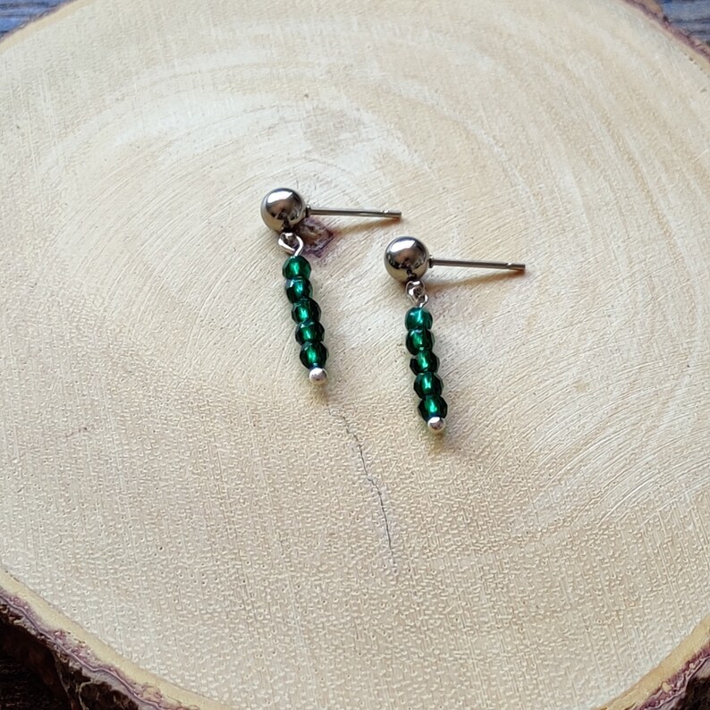 Emerald Earring Studs, Green Earrings, Dark Green Earrings, Emerald Dangles, Green Bead Dangles, Birthday Gift image 1