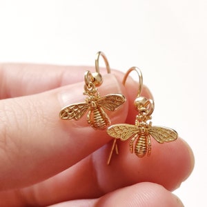 Gold Bee Earrings, Gold Filled Bee Earrings, Silver Bee Earrings, Handmade, Bee Dangles, Birthday Gift image 8