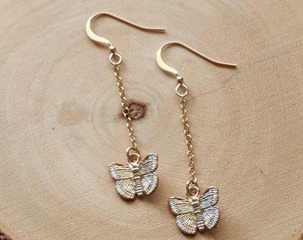 Gold Butterfly Earrings, Handmade, Butterfly Dangles, Drop Dangle Jewelry, Birthday, Mothers Day Gift