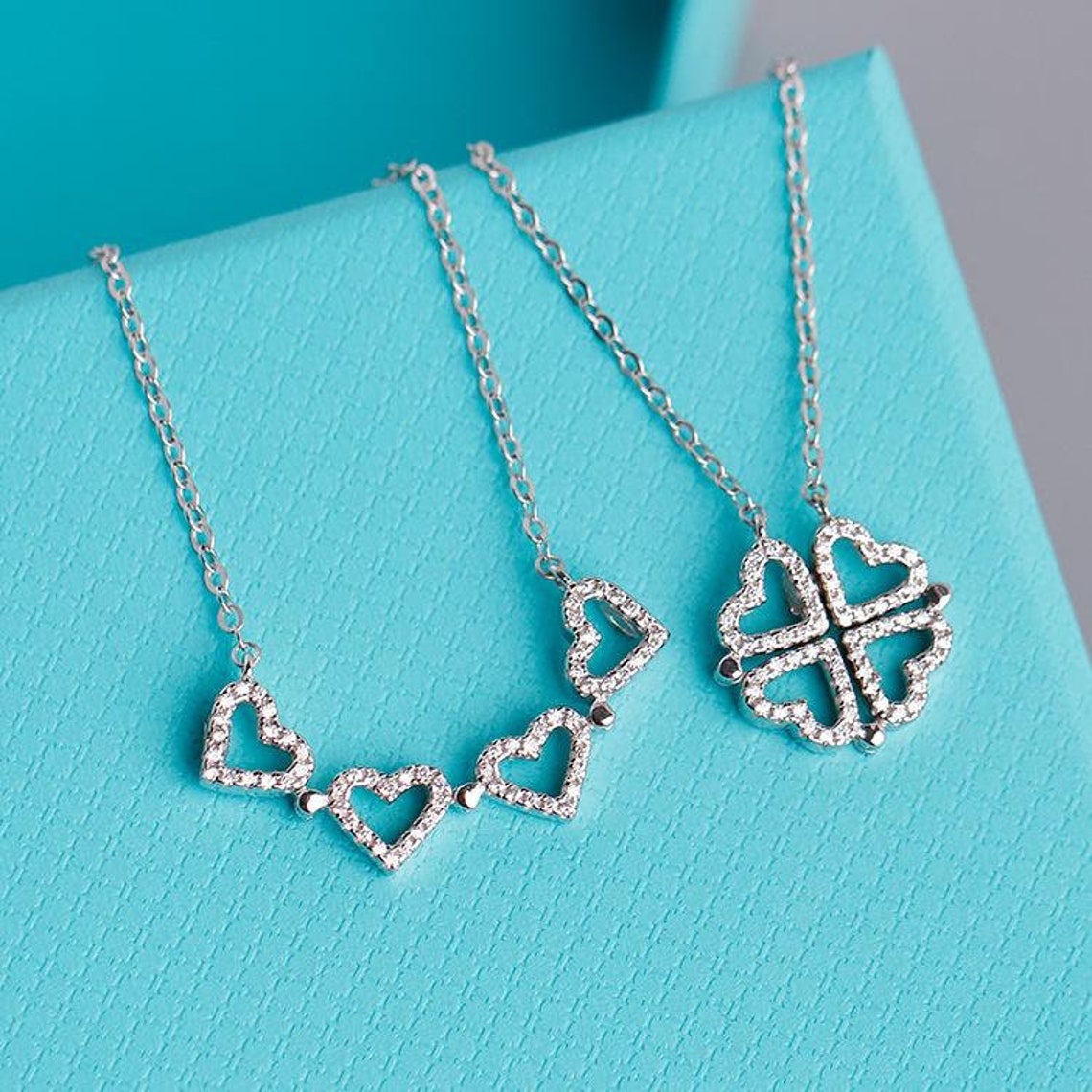 Convertible Crystal Clover Pendant Charm , Open Hearts Sterling Silver