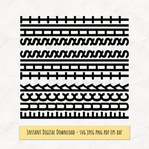 May include: Black and white digital design featuring various border patterns. The image includes horizontal lines, connected rectangles, and wave-like shapes. Text at the bottom reads "INSTANT DIGITAL DOWNLOAD - SVG JPEG PNG PDF EPS DXF".