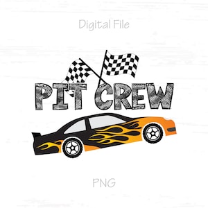 May include: A black and orange race car with flames on the side. The car is driving over a checkered flag. The text "PIT CREW" is written in black with a textured effect.