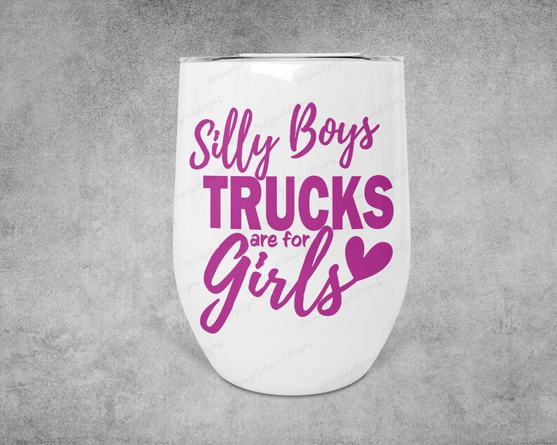 Op de afbeelding: Een witte tumbler met een roze afbeelding waarop staat "Silly Boys Trucks are for Girls" met een roze hart.