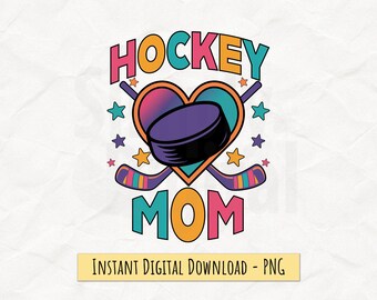 Hockey Mom PNG – Färgglad hjärta- och puckdesign för sublimering, DTF-utskrift, högupplöst 300 DPI digital nedladdning