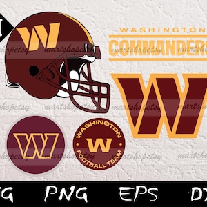 Pode incluir: Um conjunto de gráficos digitais com o logótipo dos Washington Commanders, um capacete de futebol americano bordeaux com um W dourado, o nome da equipa em texto dourado e emblemas circulares. Os formatos SVG, PNG, EPS e DXF estão listados.
