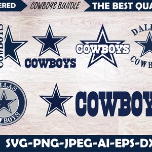 May include: A digital graphic bundle featuring the Dallas Cowboys logo in various styles, including stars, football shapes, and circular emblems. The text includes 'LAYERED', 'COWBOYS BUNDLE', 'THE BEST QUALITY', 'DALLAS', 'COWBOYS', and 'SVG-PNG-JPEG-AI-EPS-DXF'.