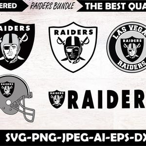 May include: A digital graphic bundle featuring the Las Vegas Raiders logo in various styles, including shield emblems, a circular team logo, a football helmet icon, and the word Raiders in bold black text, all presented on a light wood background.