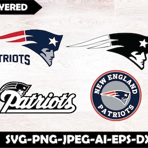 May include: A digital graphic set featuring four New England Patriots logos in various styles. The collection includes the classic blue, red, and silver profile logo with the text Patriots, a black and white silhouette version, a script logo, and a circular emblem.