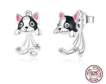 Cute Sterling Silver Boston Terrier Earrings