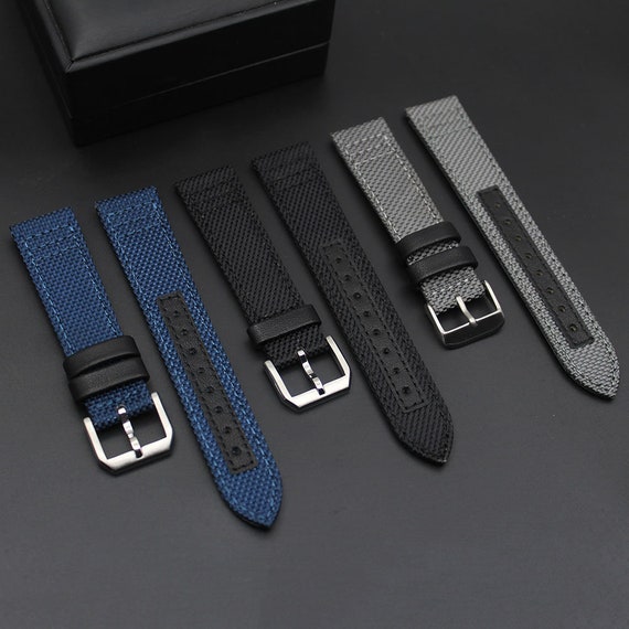 Canvas Watch Strap in Genuine Leather Black / Grey / Blue Etsy