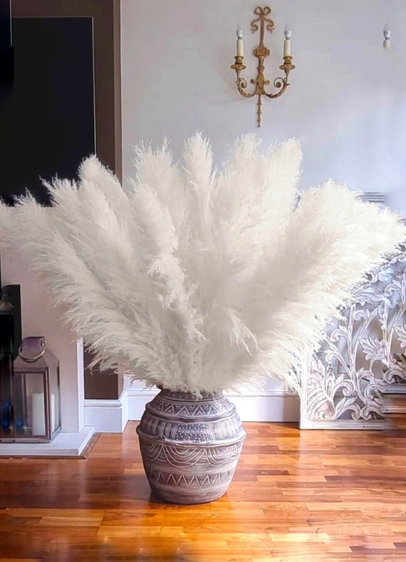 Fluffy White Pampas Grass: Dried Flower Bouquet, Home Decor (47'' Tall)