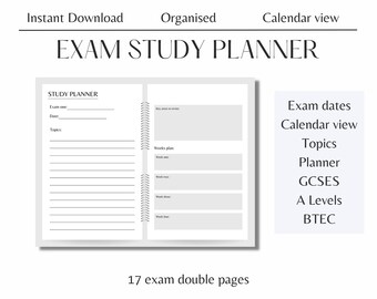 Exam Study Planner, Digital Download, Revision planner, Digital study, GCSE, A Level, BTEC, Exams