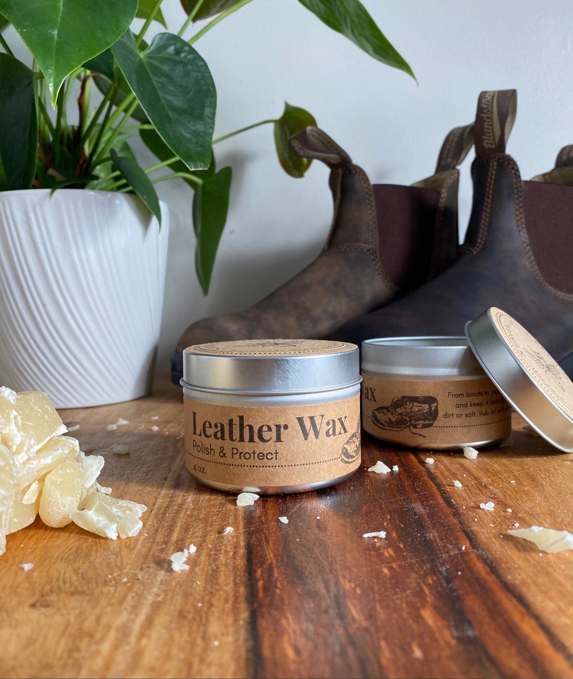 polishing boots with beeswax