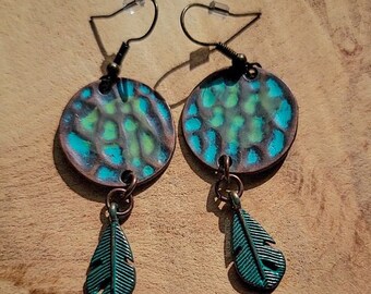 Handmade metal boho bronze turquoise blue feather dangle hook earrings