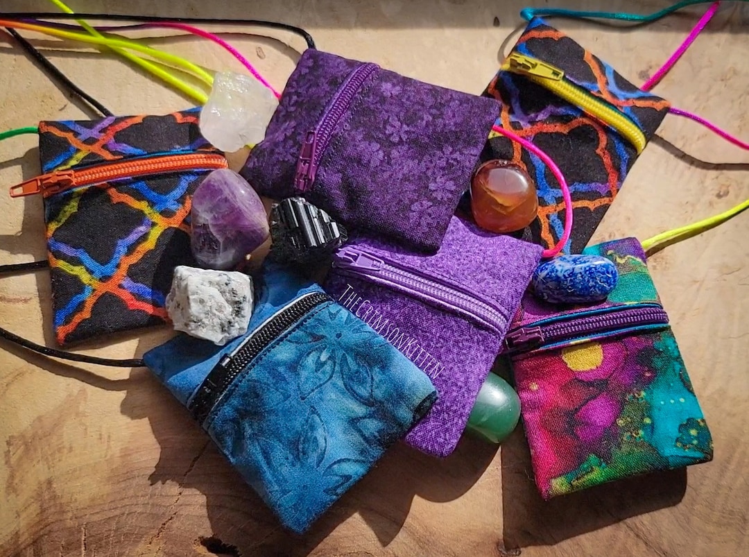 Crystal Filled Handmade Fabric Zipper Healing Gem Trinket Neck Pouch