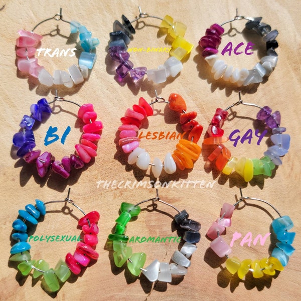 Handmade Lgbtq+ gay pride  glass stone chip bead Hoop earrings pair silver gold hook loop jewelry flag colors Trans bi pan poly ace aro enby