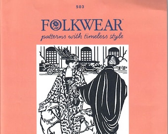 May include: A Folkwear pattern envelope for a Poiret Cocoon Coat, pattern 503. The salmon-colored cover features a black and white illustration of two figures in coats with dogs, with the text Folkwear, patterns with timeless style, and 503.