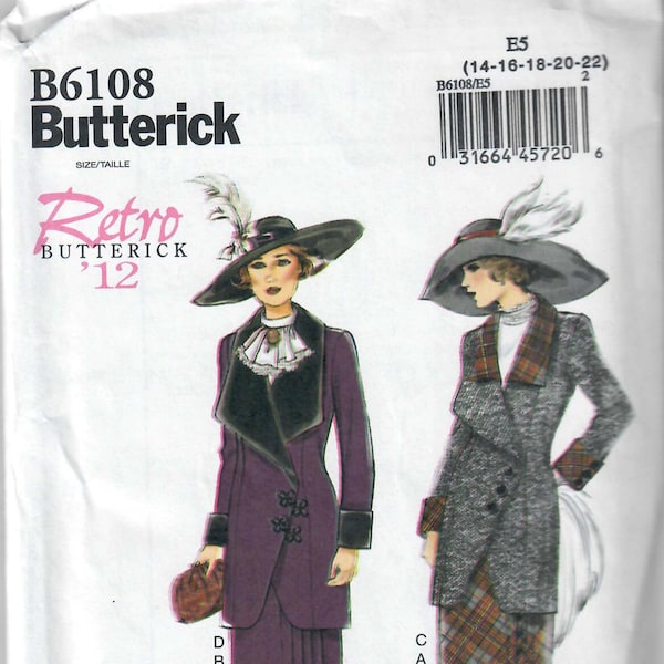 Butterick B6108 Misses' Jacket, Bib and Skirt 1910s Titanic Era Walking Suit, Sizes 6-8-10-12-14 & 14-16-18-20-22, Uncut, FF, Uncut