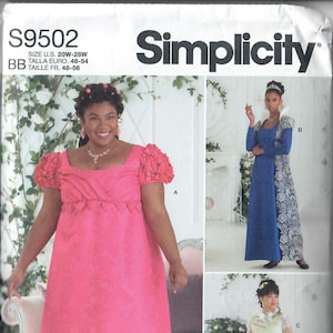 May include: Simplicity sewing pattern S9502 for sizes 20W-28W. The pattern includes three different dress styles: a pink dress with puffed sleeves, a blue dress with a lace overlay, and a light green dress with a lace overlay.