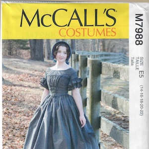 McCall's M7988, robe de costume pour femmes, Angela Clayton, modèle de couture de robe de jour des années 1840, tailles 6-8-10-12-14 et 14-16-18-20-22, FF, non-coupure