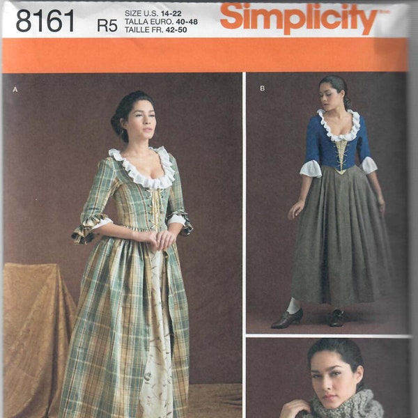 Simplicity 8161 Misses' 18th Century Costume Day Dress Sizes 6-14 & 14-22 Designed in Association with American Duchess, FF, UNCUT