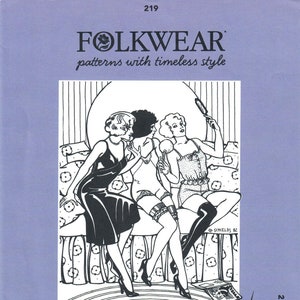 May include: A vintage sewing pattern cover with the text "FOLKWEAR patterns with timeless style." The illustration depicts three women in lingerie. The pattern is titled "Intimacies" and is pattern number 219.