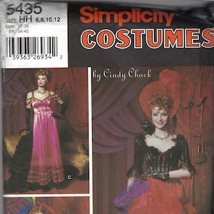 May include: Simplicity Costumes sewing pattern number 5435 for sizes 6, 8, 10, and 12. The pattern includes three different costume designs: a pink gown with lace trim, a black corset with a red skirt, and a blue corset with a black skirt. The pattern is by Cindy Chock.