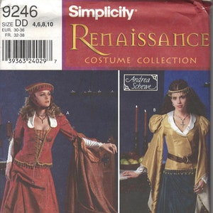 May include: Simplicity pattern 9246 for Renaissance costumes. The pattern includes two designs: a red and gold dress with a white collar and a gold and blue dress with a white collar. The pattern is for sizes DD 4, 6, 8, and 10. The pattern is by Andrea Schewe.