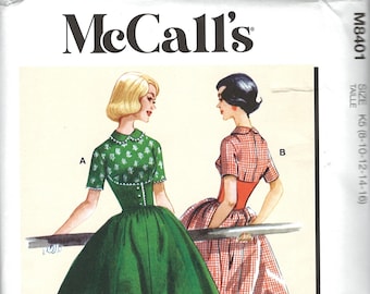 McCall's M8401 Vintage 1950s Dress Sewing Pattern, Sizes 8-16 & 18-26, Uncut, FF