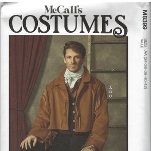 May include: A brown suede jacket with fringe trim and a white scarf. The jacket is worn by a model sitting on a chair with a hat in hand. The image includes the text "McCall's Costumes" and "Size AA (34-36-38-40-42)".