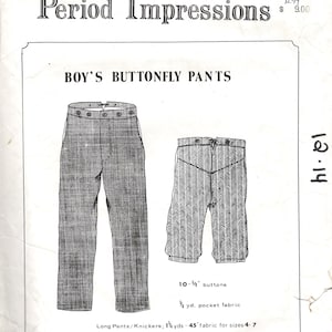 May include: Vintage sewing pattern for boy's buttonfly pants, featuring long pants and knickers. The pattern includes fabric requirements for sizes 4-14, with details for buttons, pocket fabric, and twill tape. The pattern is from Period Impressions.