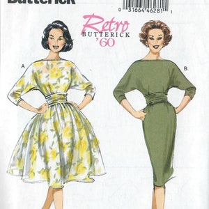 Puede incluir: Un patrón de costura vintage para un vestido, con dos ilustraciones de mujeres vistiendo vestidos. El patrón está etiquetado como "B6242 Butterick Retro '60" e incluye las tallas 6-8, 10-12 y 14.