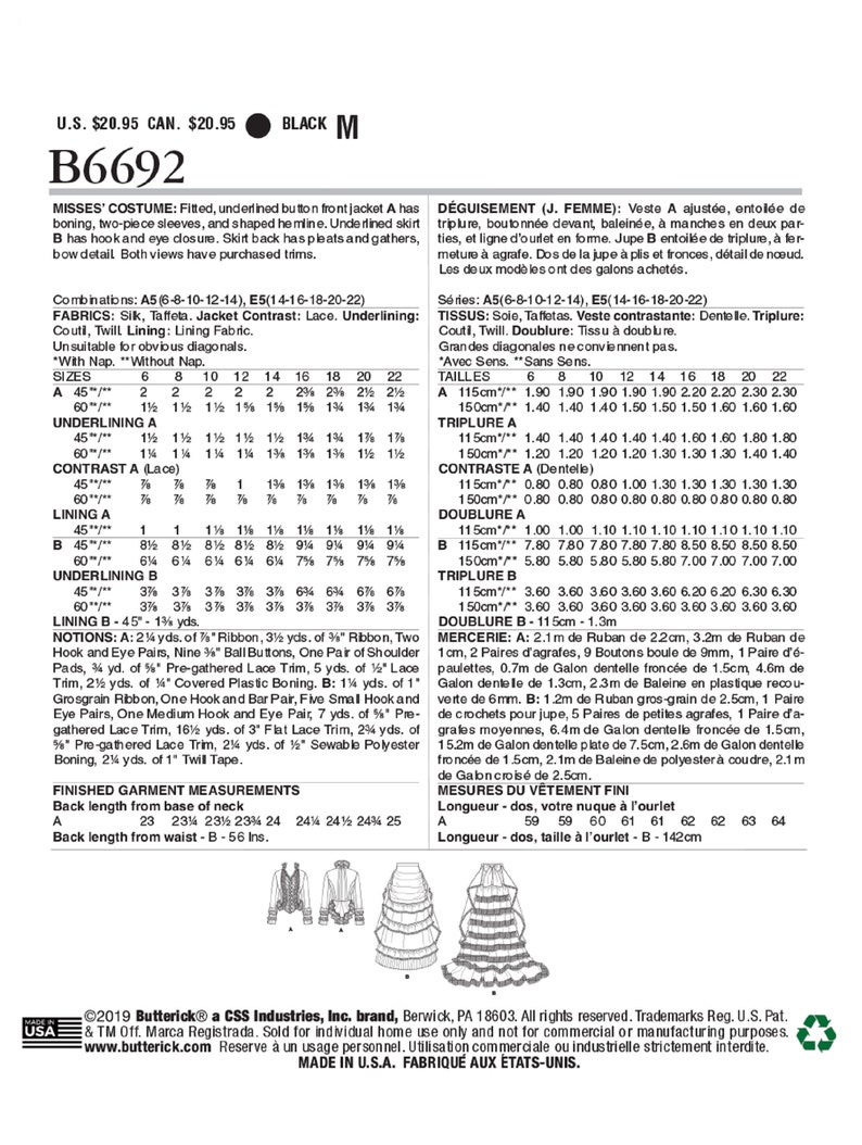 May include: A black and white sewing pattern for a fitted jacket and skirt costume. The pattern includes instructions and measurements for sizes 6-22. The pattern is titled "B6692" and is for a misses' costume.