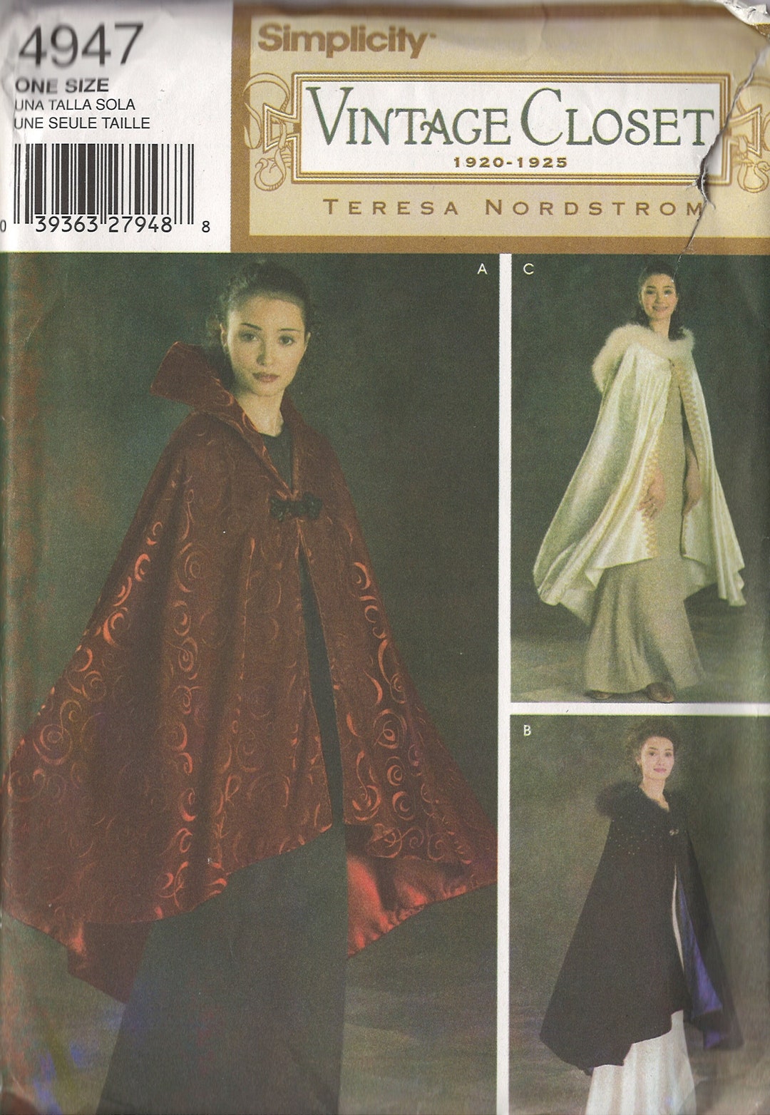 Simplicity 4947 1920s Cape Sewing Pattern Vintage Closet One Size Uncut ...