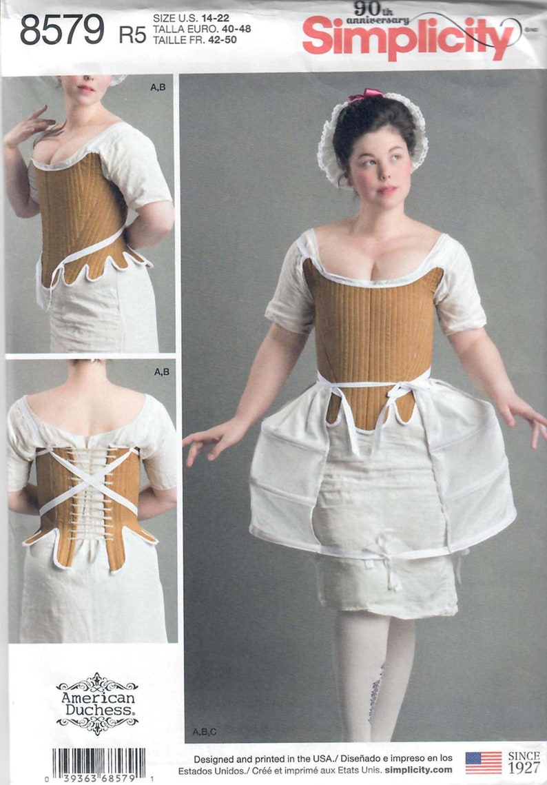 Simplicity 8579 Misses' 18th Century Corset, Shift and Panniers, Sizes 4-12 & 14-22 Designed by American Duchess, FF, UNCUT R5 14-22