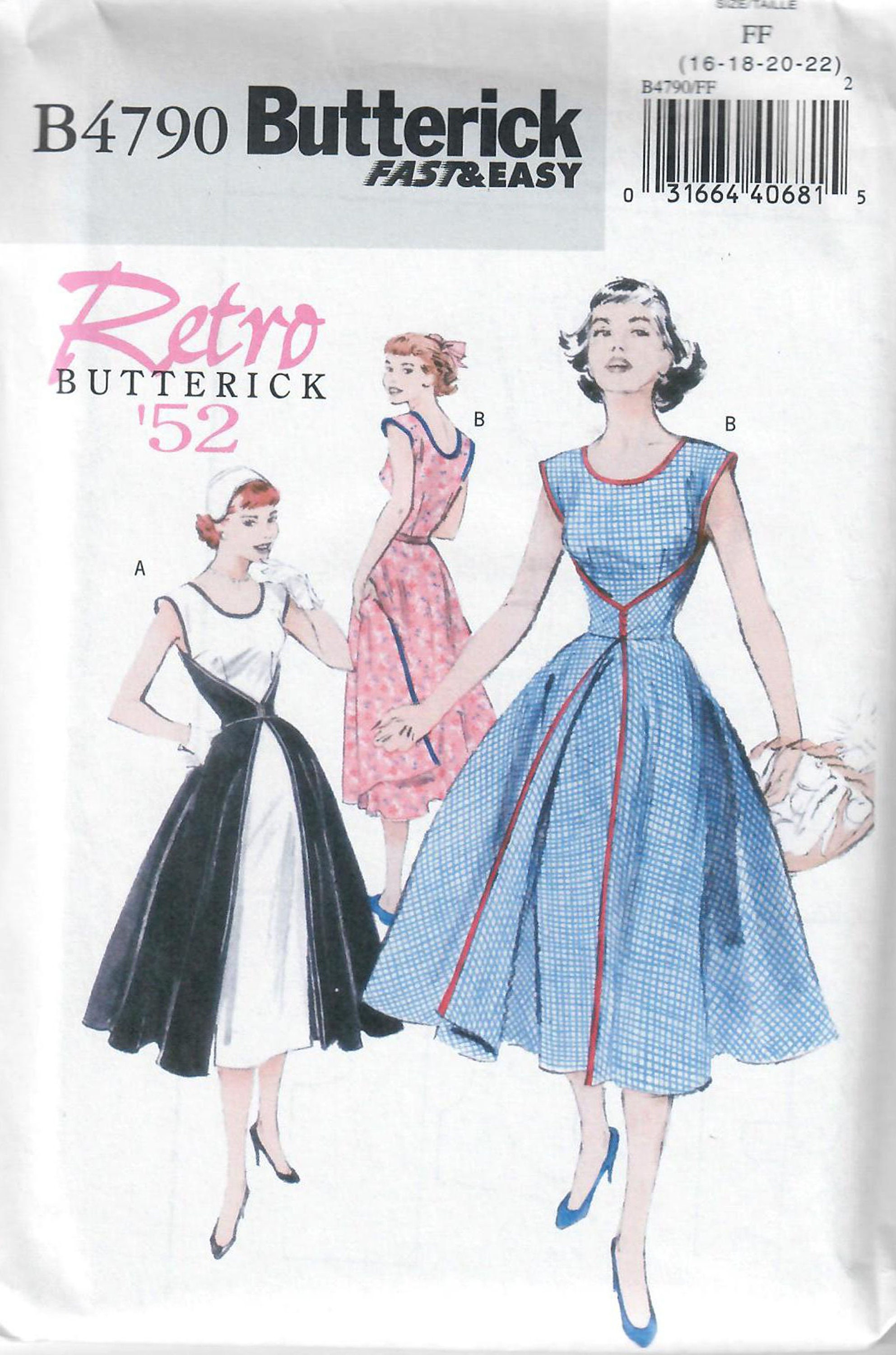 Butterick B4790 Retro '52 Dress Sewing Pattern Size 8-10-12-14 & 16-18-20-22 Uncut