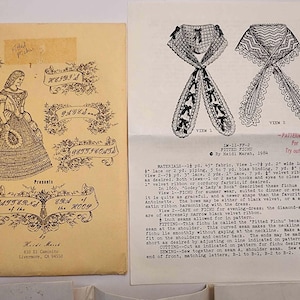 May include: A vintage sewing pattern for a fitted fichu, a type of lace or fabric collar worn by women in the 19th century. The pattern includes instructions and diagrams for two different styles of fichu, one with a diamond-shaped neckline and the other with a more rounded neckline. The pattern is printed on a cream-colored paper with black ink.