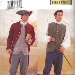 May include: A sewing pattern for a historical costume. The pattern includes instructions for making a red coat with gold buttons, a vest, and breeches. The pattern also includes instructions for making a waistcoat and breeches. The pattern is for sizes 32, 34, and 36.