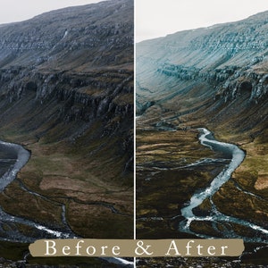 Puede incluir: Una imagen de antes y despu&eacute;s que muestra la diferencia en la gradaci&oacute;n de color. La imagen de antes muestra un valle con un r&iacute;o serpenteando a trav&eacute;s de &eacute;l, con una cordillera en el fondo. La imagen de despu&eacute;s muestra la misma escena, pero con una paleta de colores m&aacute;s vibrante y colorida.