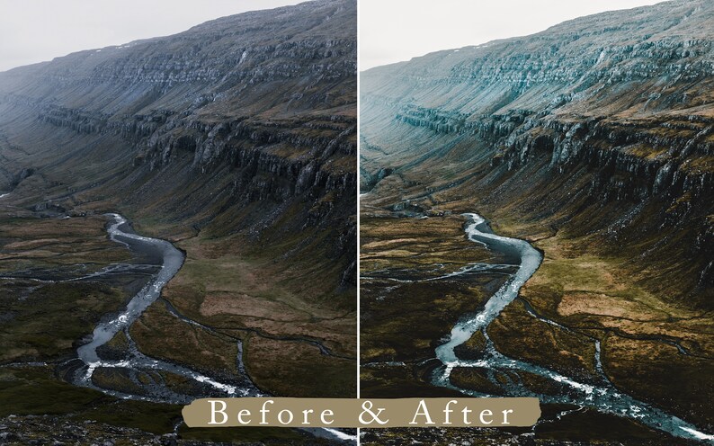 Puede incluir: Una imagen de antes y despu&eacute;s que muestra la diferencia en la gradaci&oacute;n de color. La imagen de antes muestra un valle con un r&iacute;o serpenteando a trav&eacute;s de &eacute;l, con una cordillera en el fondo. La imagen de despu&eacute;s muestra la misma escena, pero con una paleta de colores m&aacute;s vibrante y colorida.