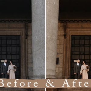 May include: A before and after image showing a couple standing in front of a doorway with columns on either side. The image on the left is the before image and the image on the right is the after image. The after image has been edited to have warmer tones and more contrast.